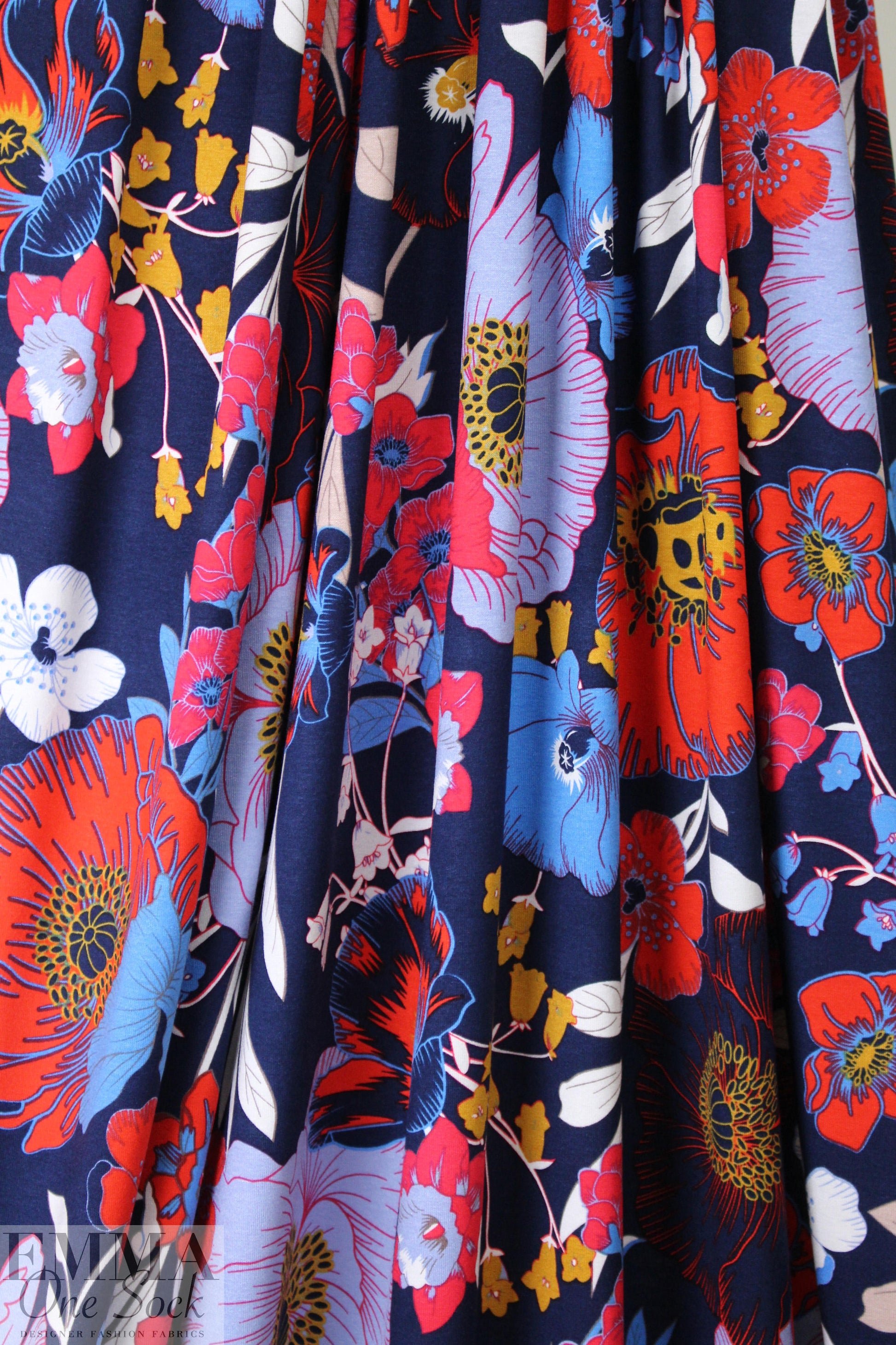 liberty flowers digital viscose knit - red/blue/dijon .75 yds