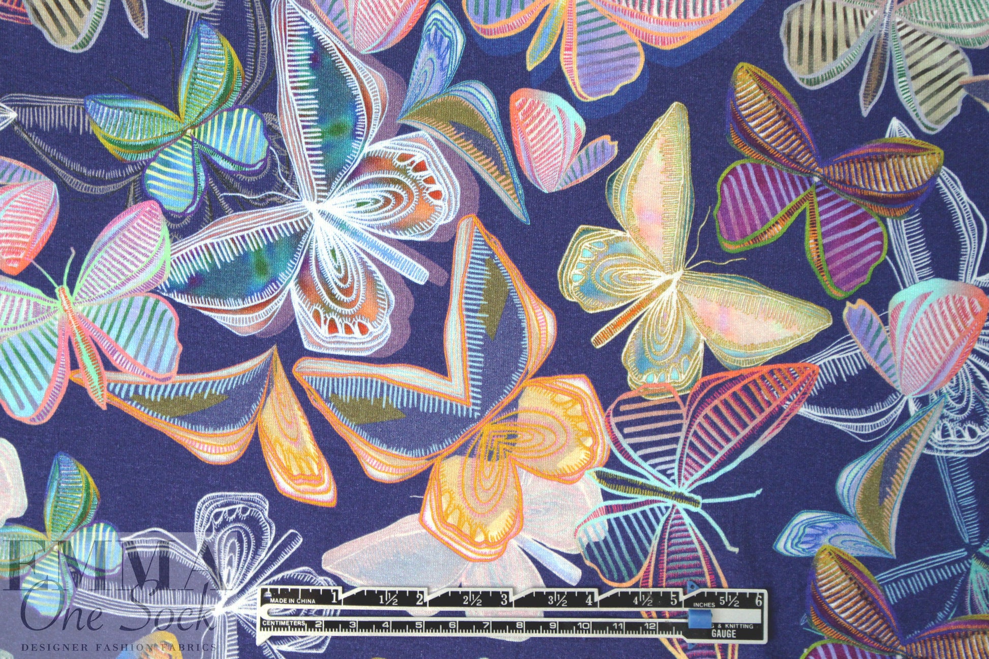 Italian digital viscose knit - indigo deco butterflies