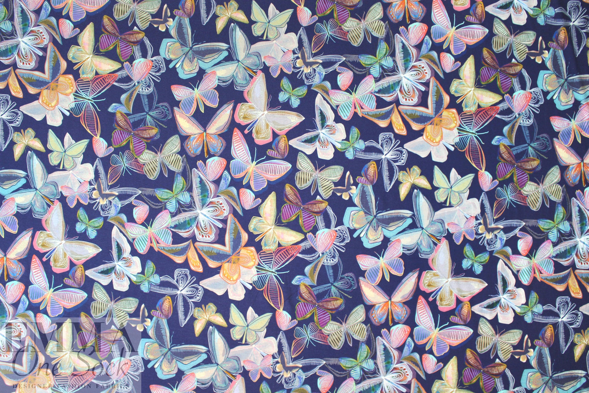Italian digital viscose knit - indigo deco butterflies 1.375 yds