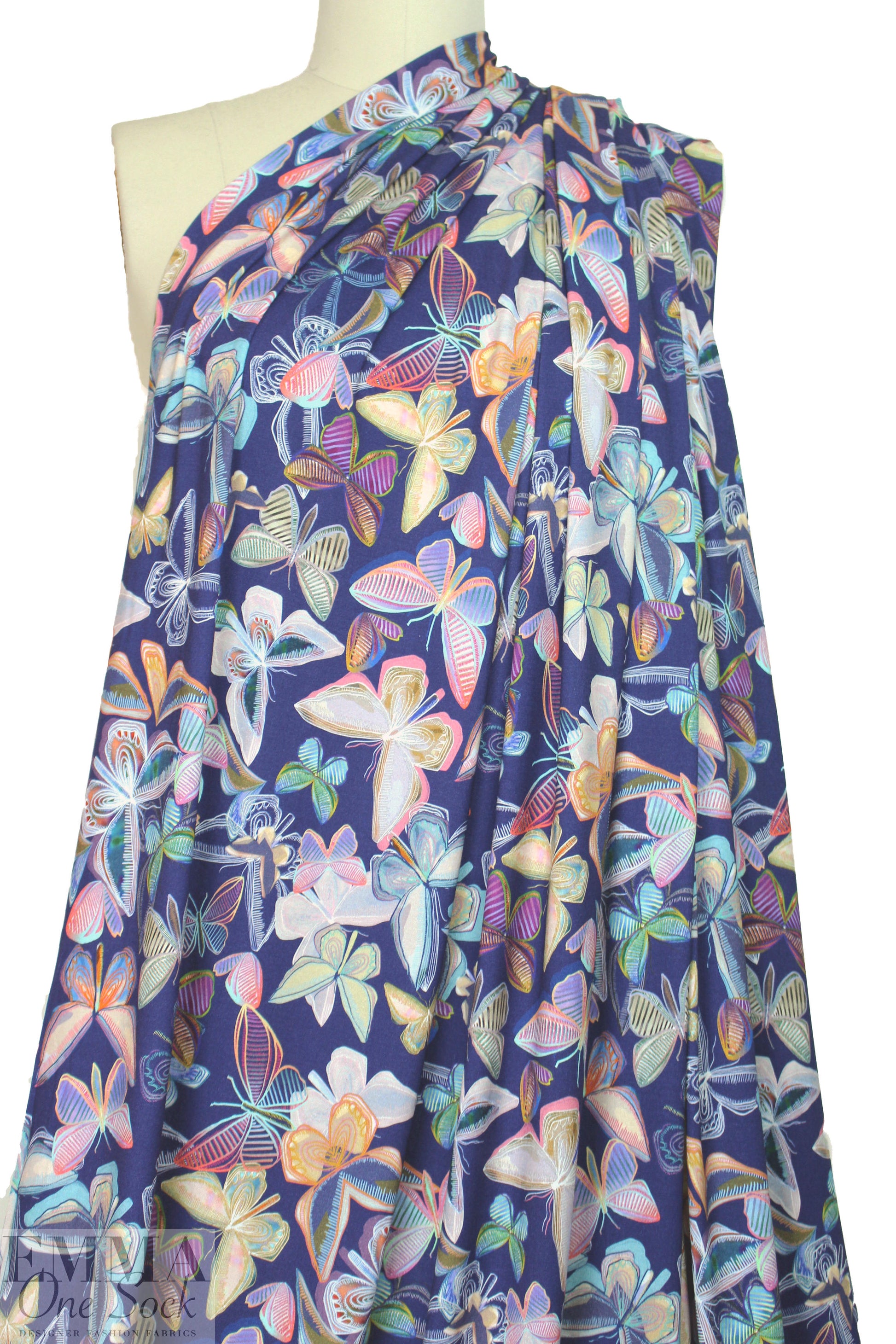 Italian digital viscose knit - indigo deco butterflies