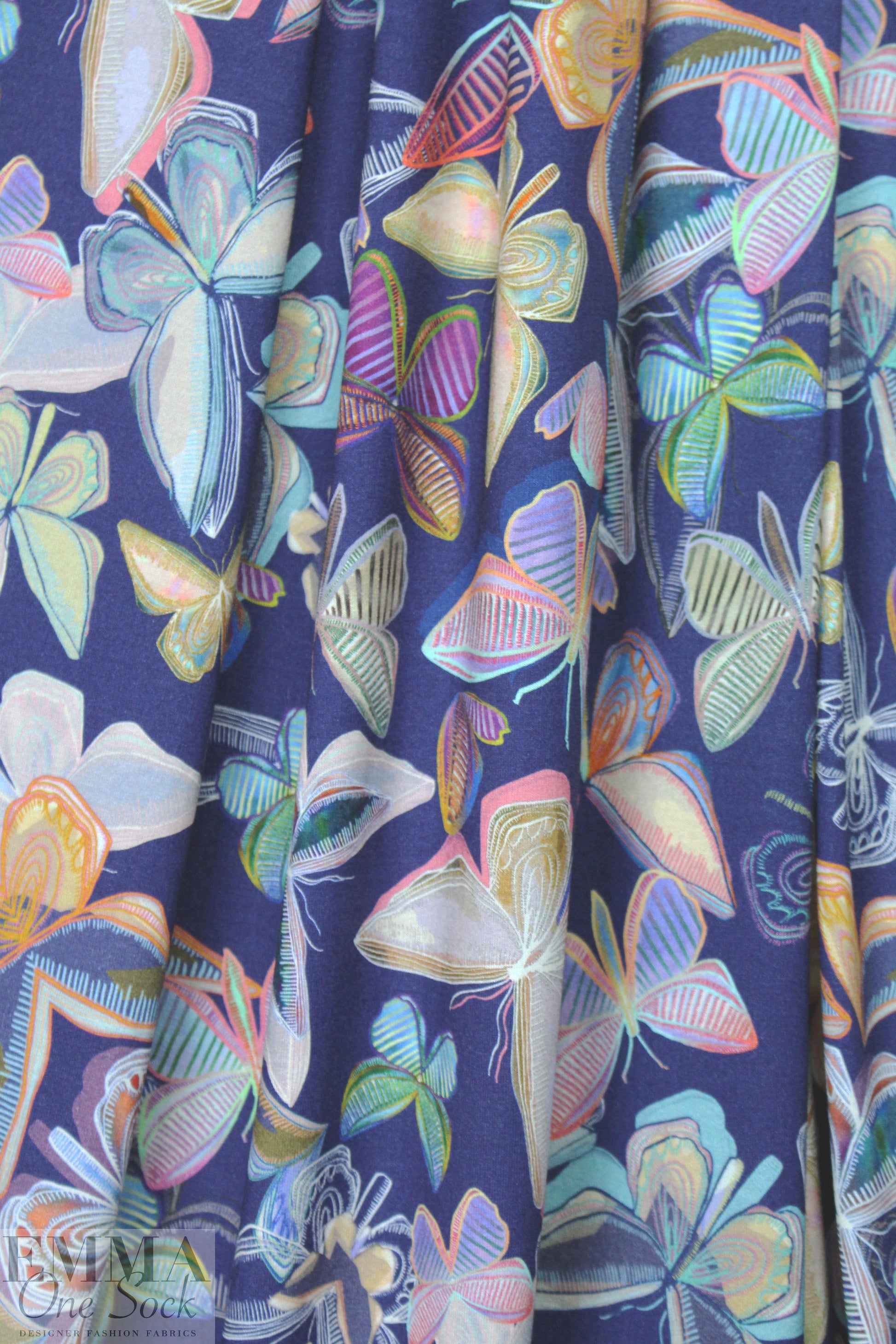Italian digital viscose knit - indigo deco butterflies