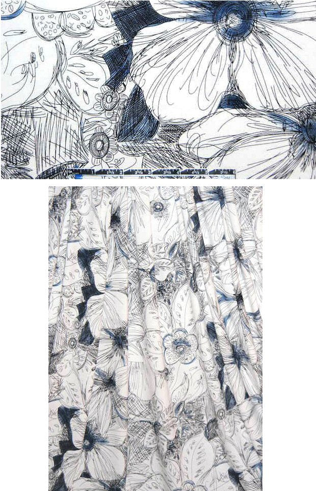 black/white/blue pen and ink floral rayon/lycra knit .75 yds