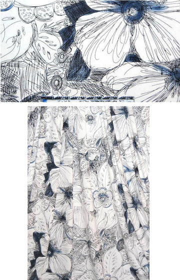 black/white/blue pen and ink floral rayon/lycra knit 1.25 yd