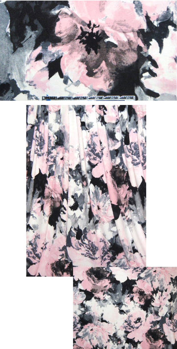 pink/cream/black painterly floral rayon/lycra knit 1.33 yds