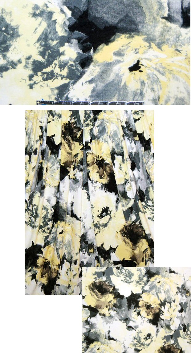 yellow/cream/black painterly floral rayon/lycra knit