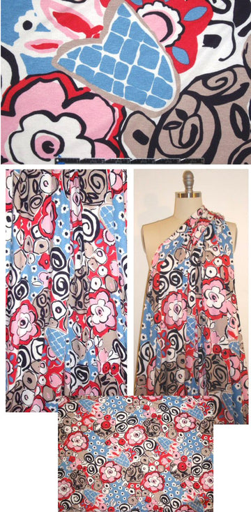 pink/blue stylized flowers rayon/lycra knit 2 yds