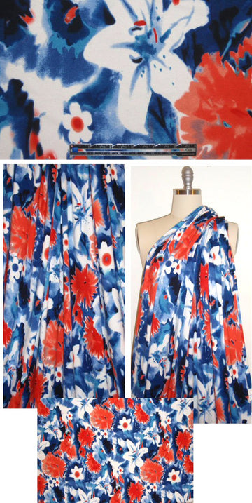 red, white and blue floral rayon/lycra knit 2 yd