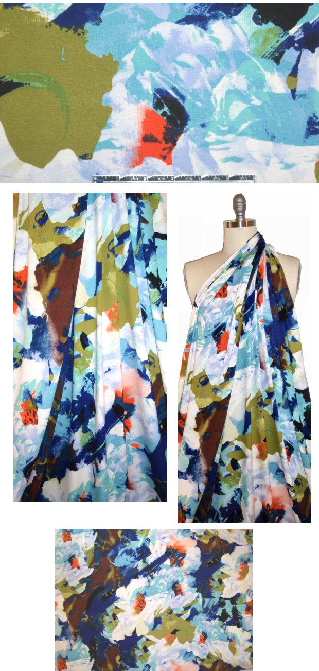 'painter's floral' rayon/lycra knit - blue/olive/tangerine