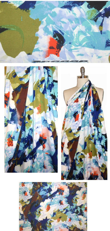 'painter's floral' rayon/lycra knit - blue/olive/tangerine 1.625 yds