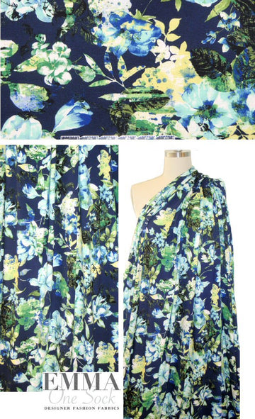 'floral overlay' rayon/lycra knit - navy/green/aqua 1.5 yds