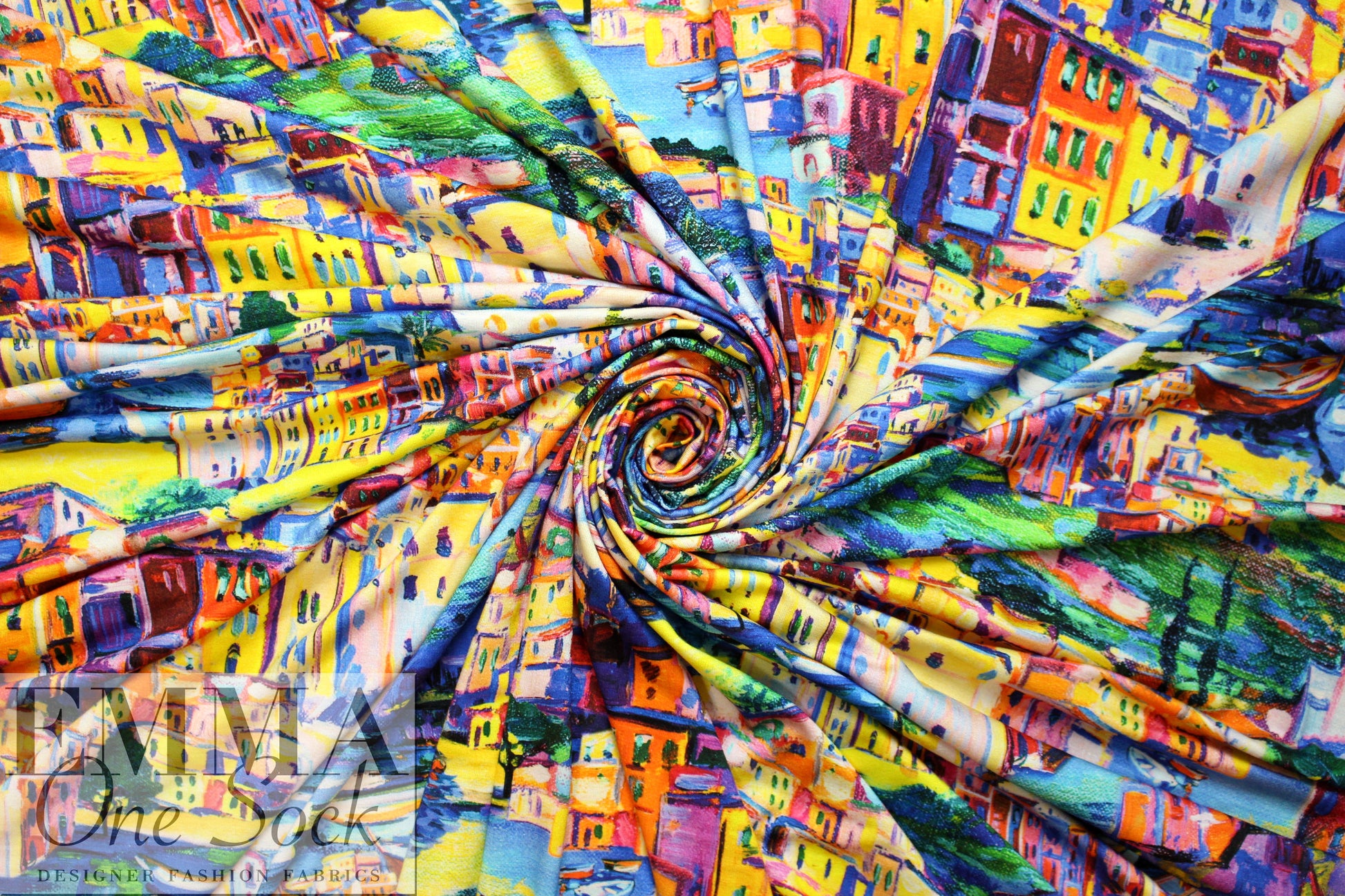 Italian digital viscose knit - urban waterfront
