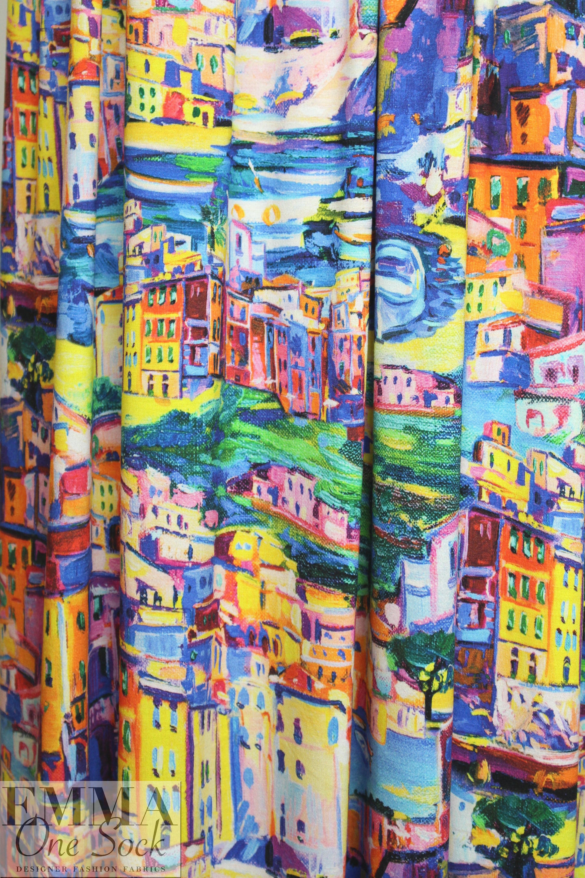 Italian digital viscose knit - urban waterfront