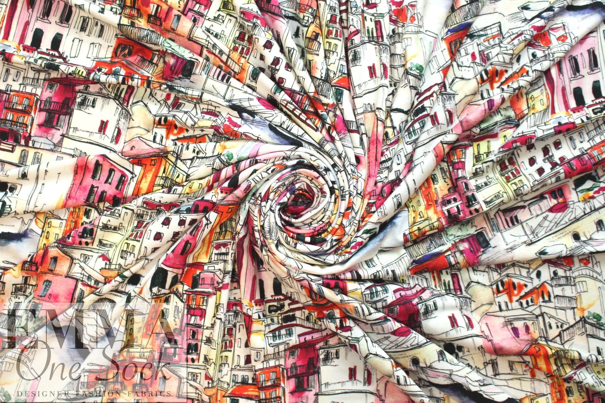 Italian digital viscose knit - city on the river