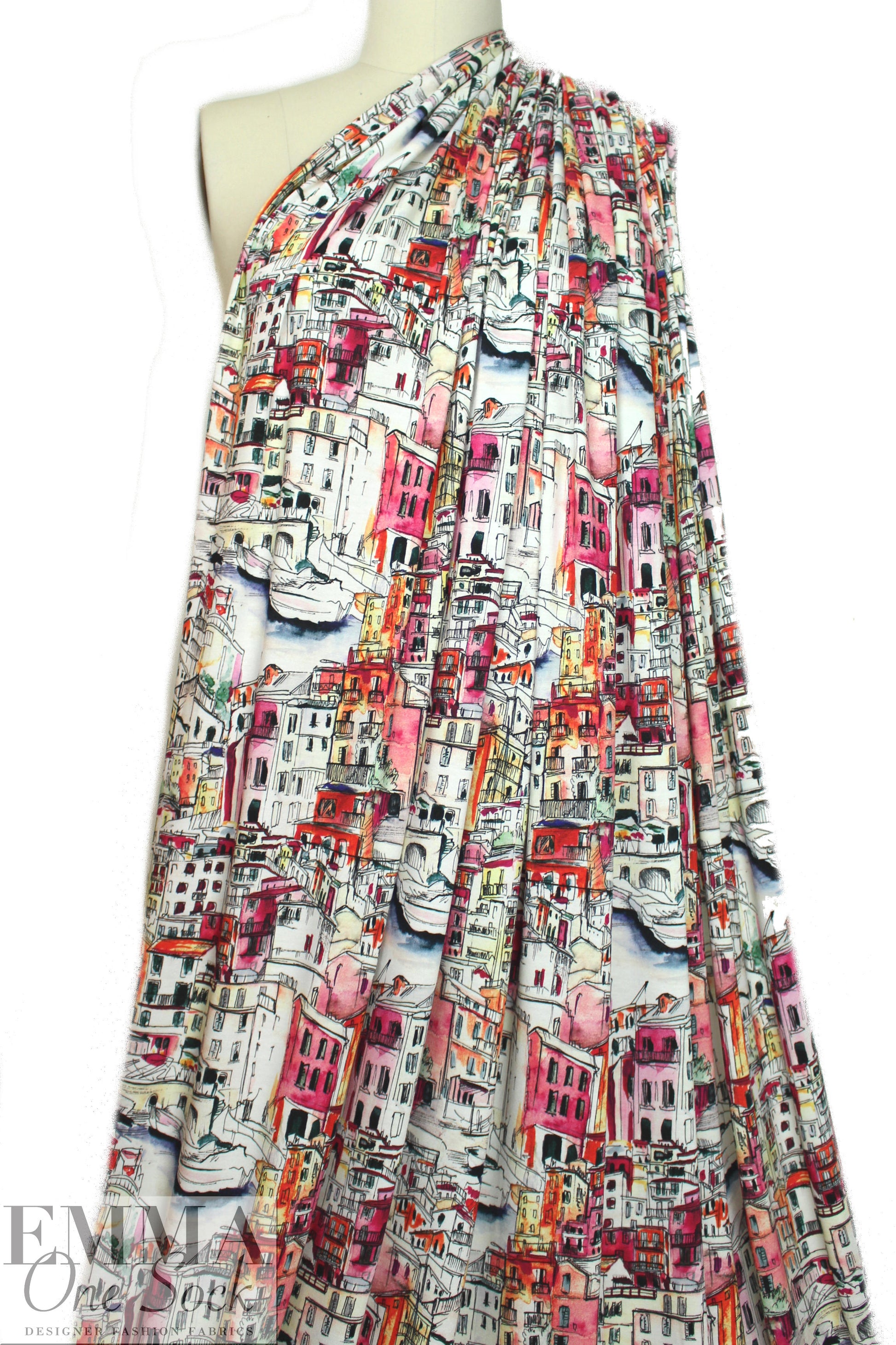 Italian digital viscose knit - city on the river 1.5 yds