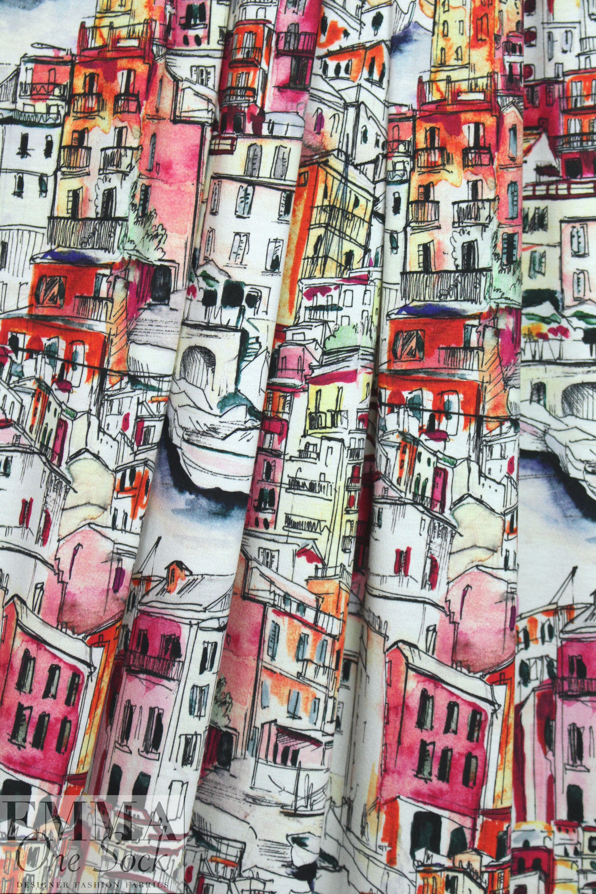 Italian digital viscose knit - city on the river