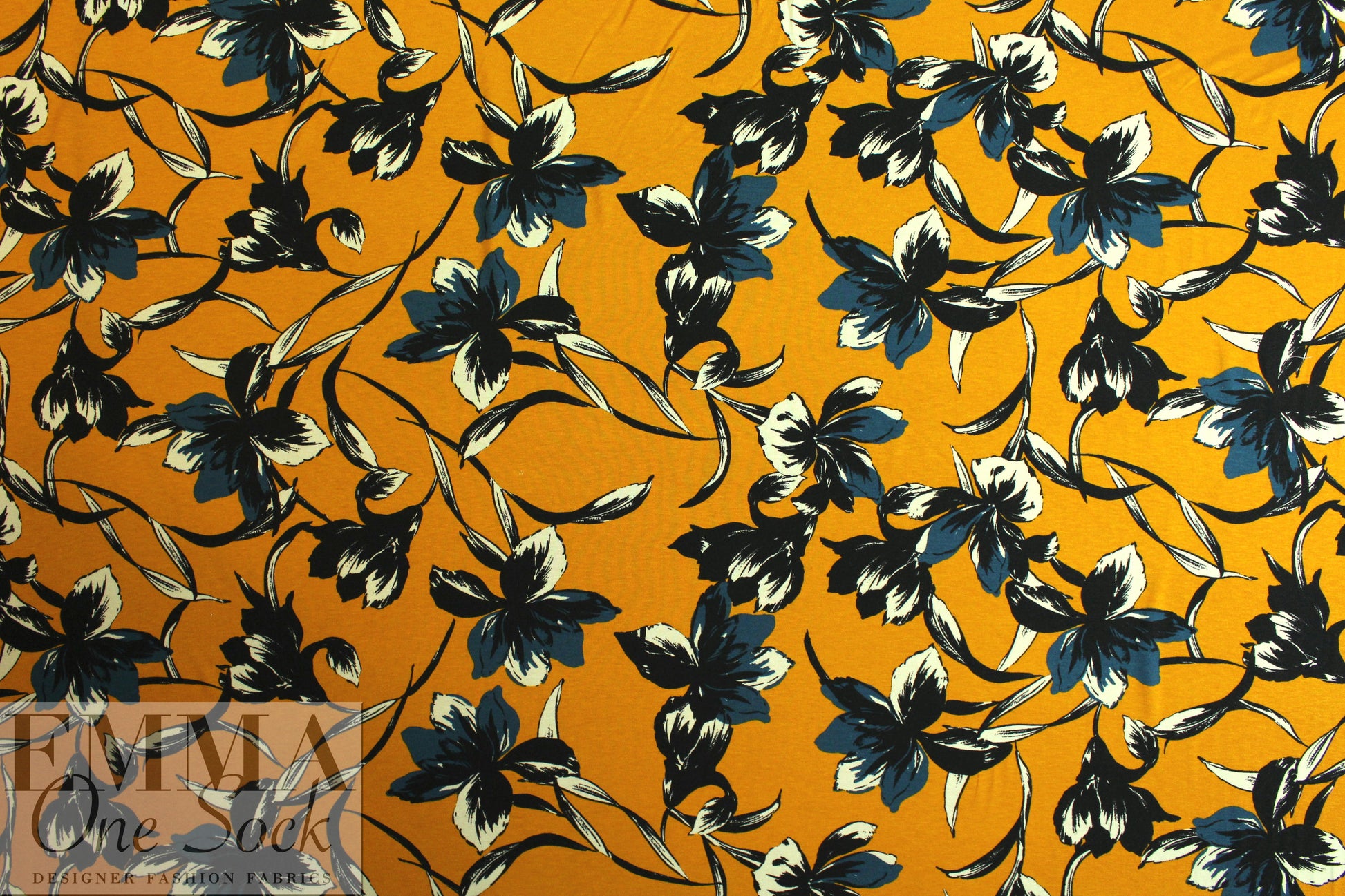 Italian digital viscose knit - butterscotch/bluesteel floral