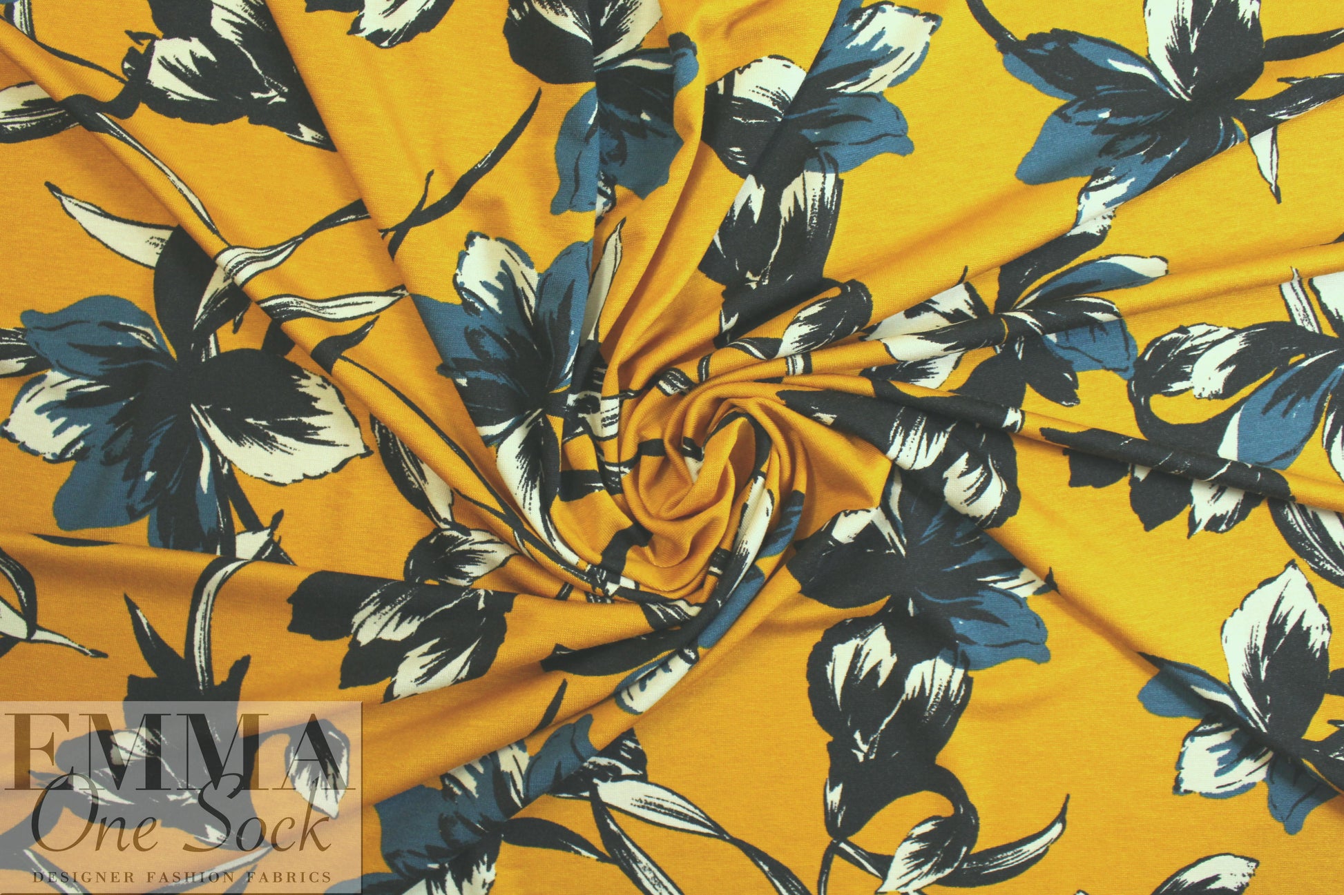 Italian digital viscose knit - butterscotch/bluesteel floral 1.66 yd