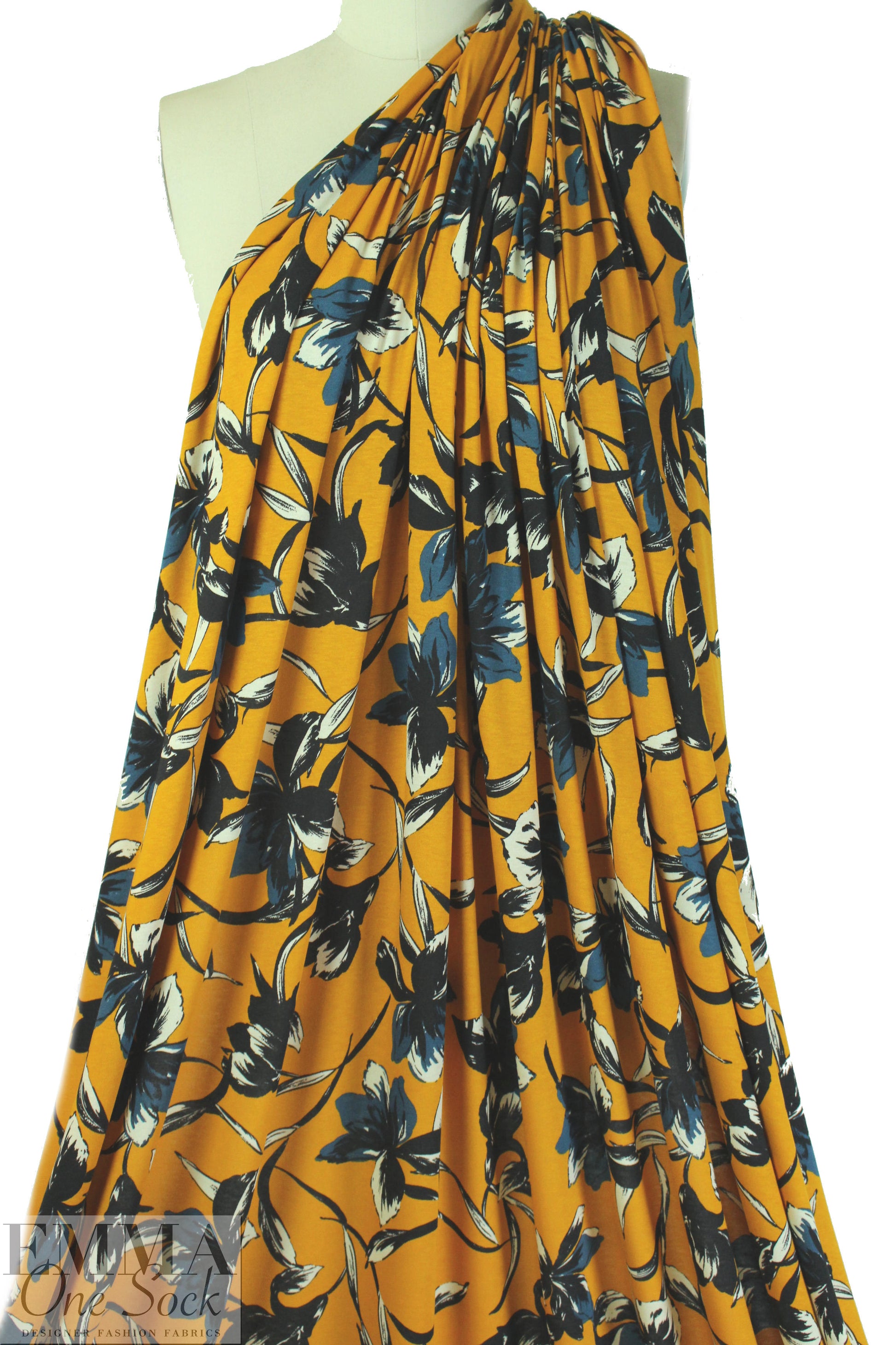 Italian digital viscose knit - butterscotch/bluesteel floral .875 yds