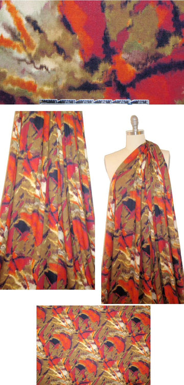 Italian digital rayon/lycra knit - carmine/olive abstract
