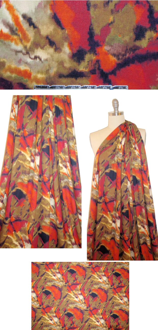 Italian digital rayon/lycra knit - carmine/olive abstract 2 yd