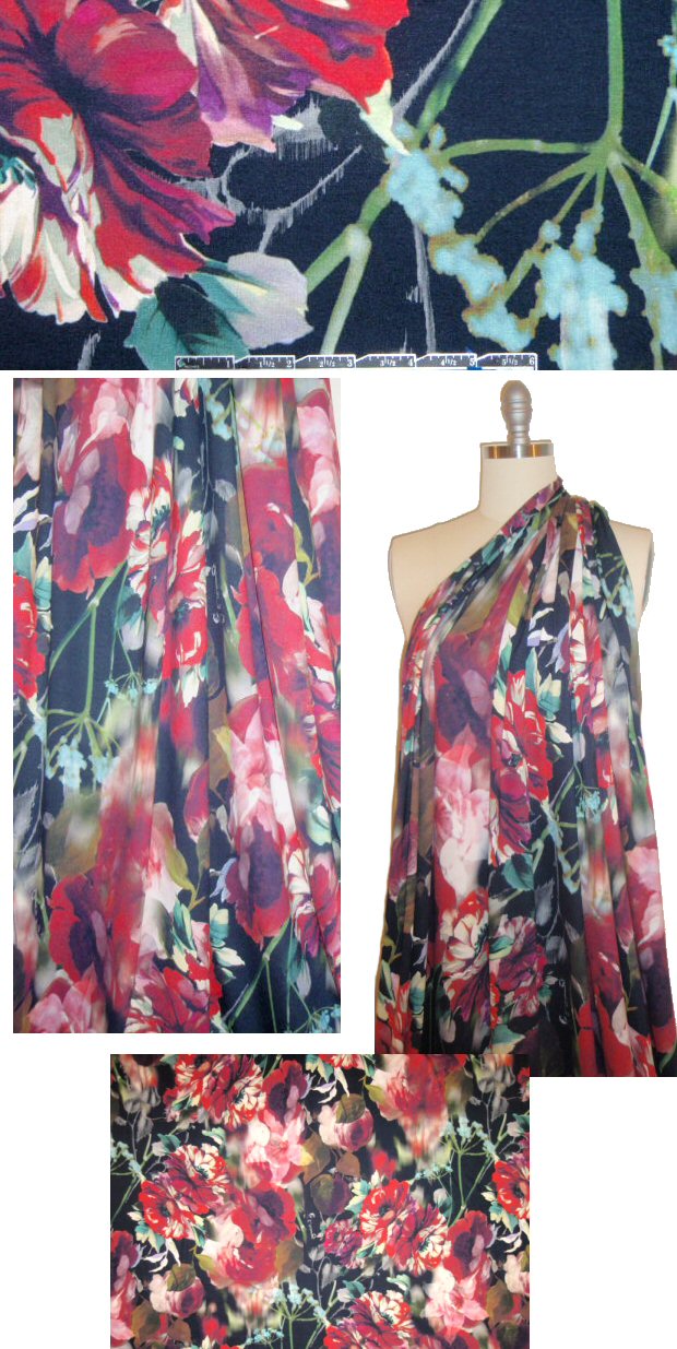Italian digital rayon/lycra knit - vintage blossoms 1.625 yd