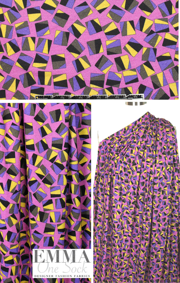 Italian pink/yellow/grape graphic viscose/span. knit