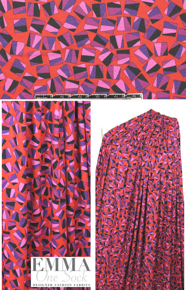 Italian pink/red/grape graphic viscose/span. knit