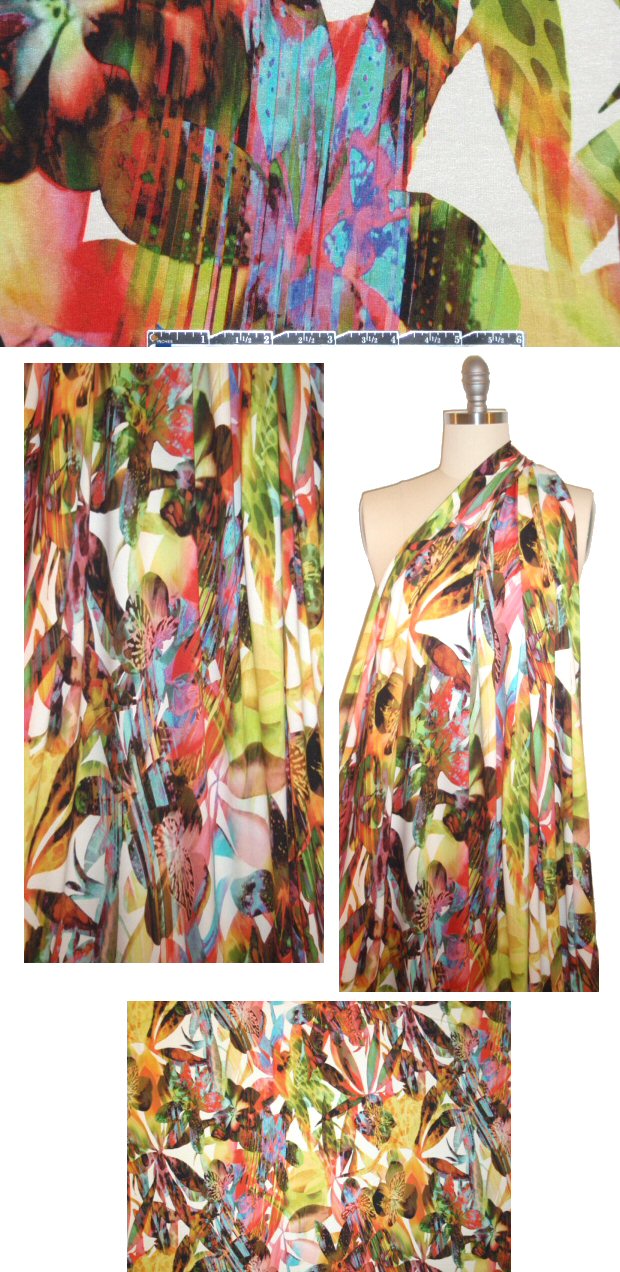 Italian abstracted tropical floral visc/lycra knit 1.125 yds