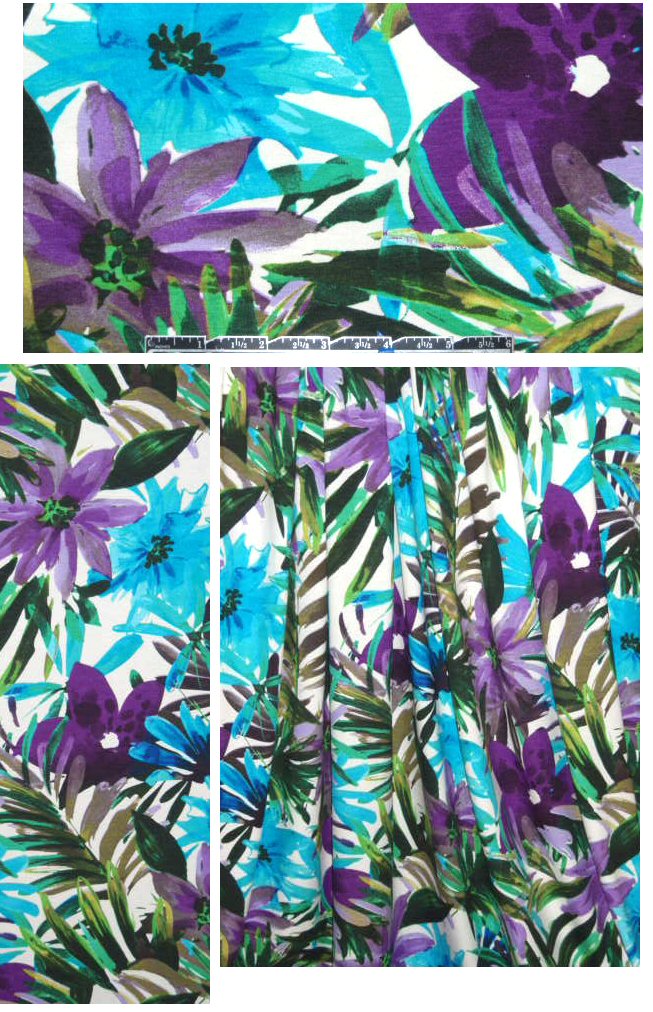 Italian purple/turquoise tropical rayon/lycra knit