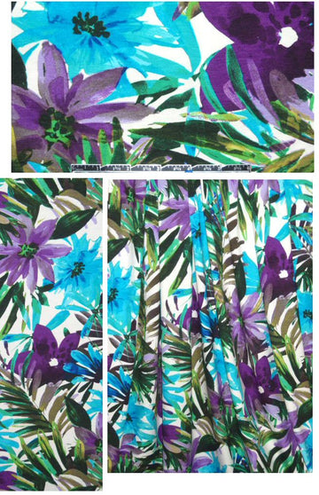 Italian purple/turquoise tropical rayon/lycra knit 1.875 yds