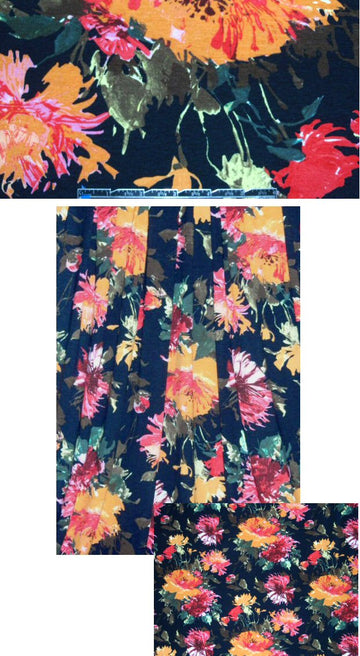 Italian red/orange/black floral rayon/lycra knit .75 yds