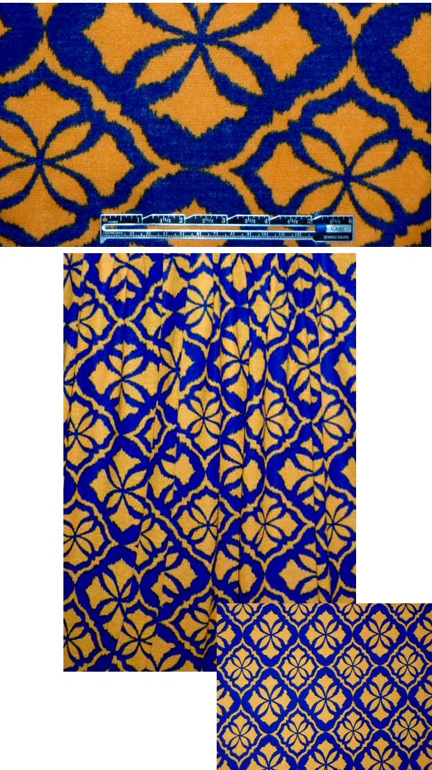 Betsey J. tangerine/indigo flower emblem knit 1.875 yd