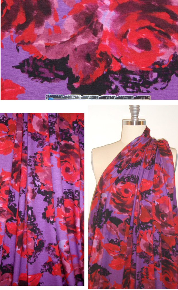 Karen Kane violet/poppy large floral rayon/lycra knit .75 yds