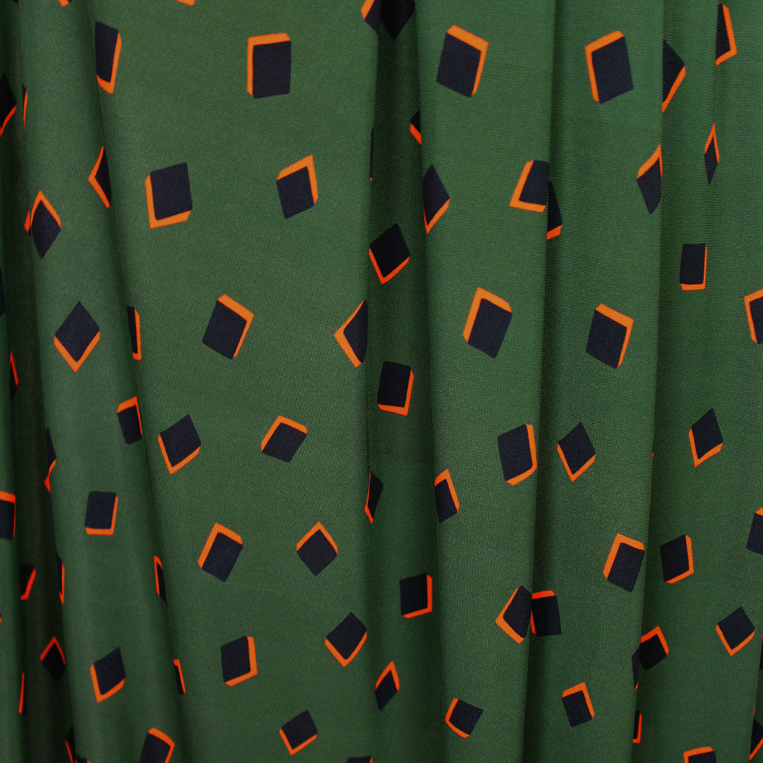 French geometric graphic viscose matte jersey knit - pine/orange 1.75 yds