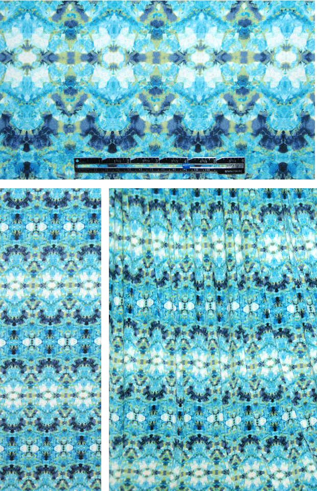 turquoise/lime rorschach batik poly/lycra knit 1.25 yd