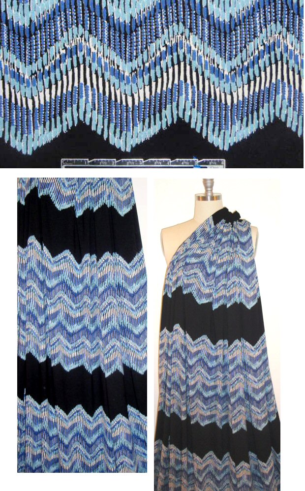 NY designer blue chevron on black 4-way rayon knit 1 yard