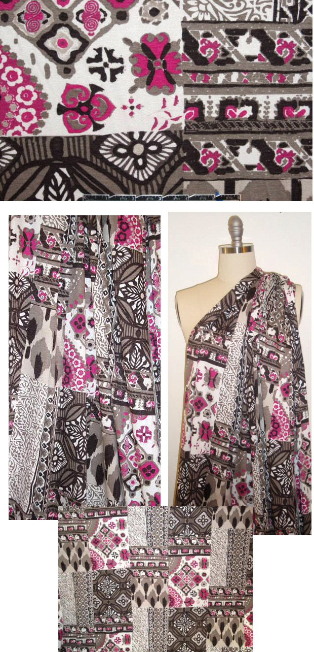 French pink/mocha crazy quilt rayon/lycra knit