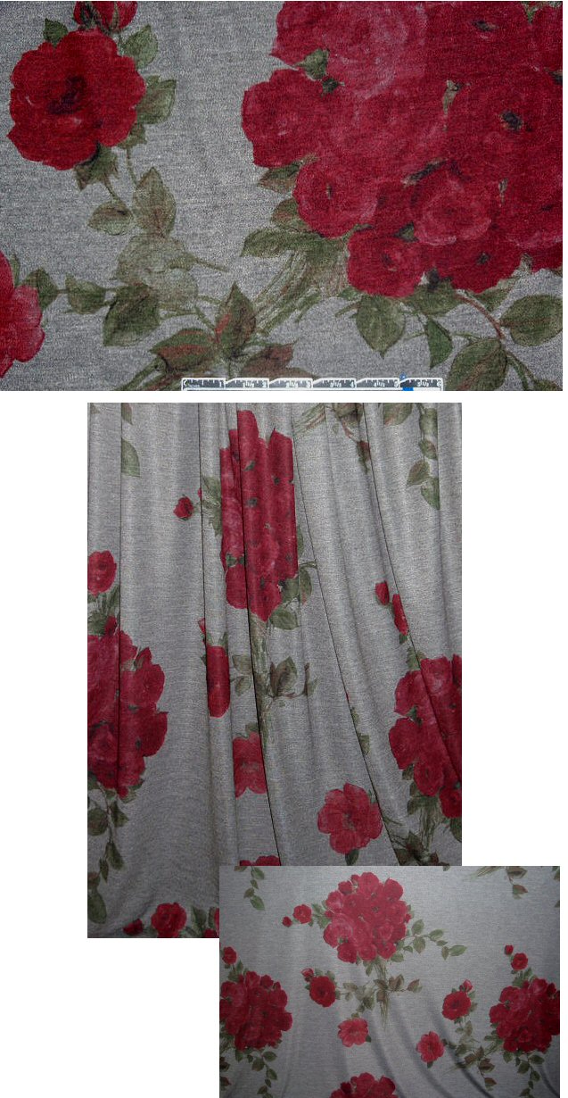 NY designer red roses on charcoal drapey knit