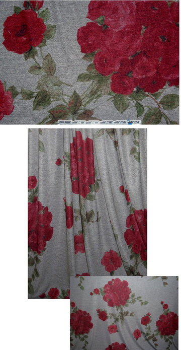 NY designer red roses on charcoal drapey knit