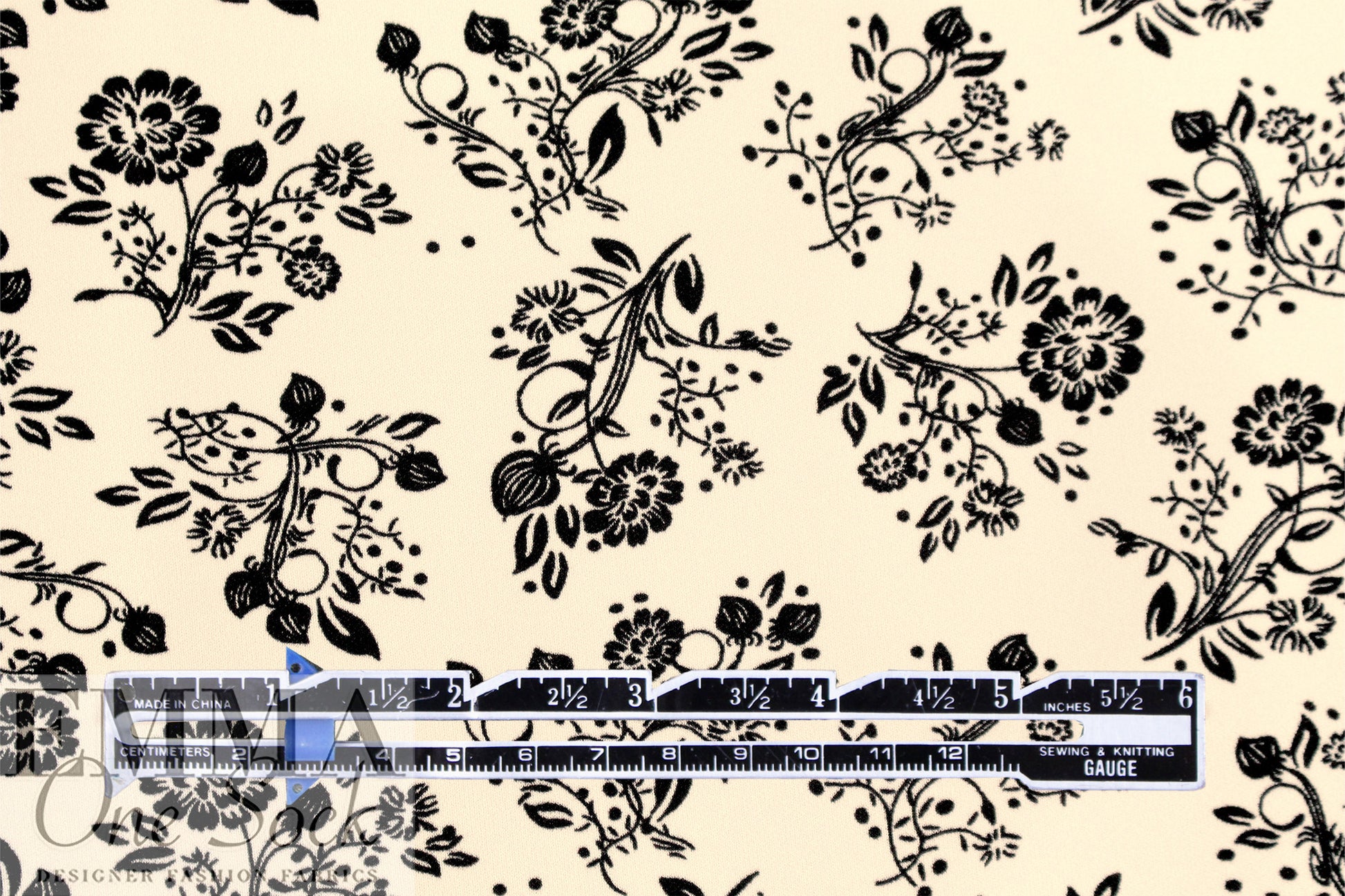 Rache1 Comey black floral on alabaster matte jersey knit .5 yds