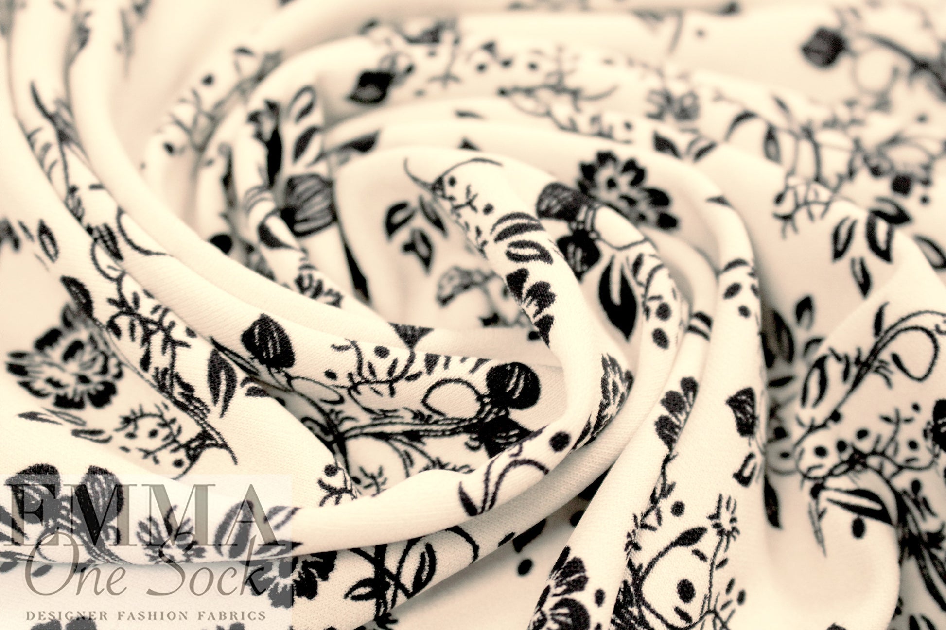 Rache1 Comey black floral on alabaster matte jersey knit .5 yds