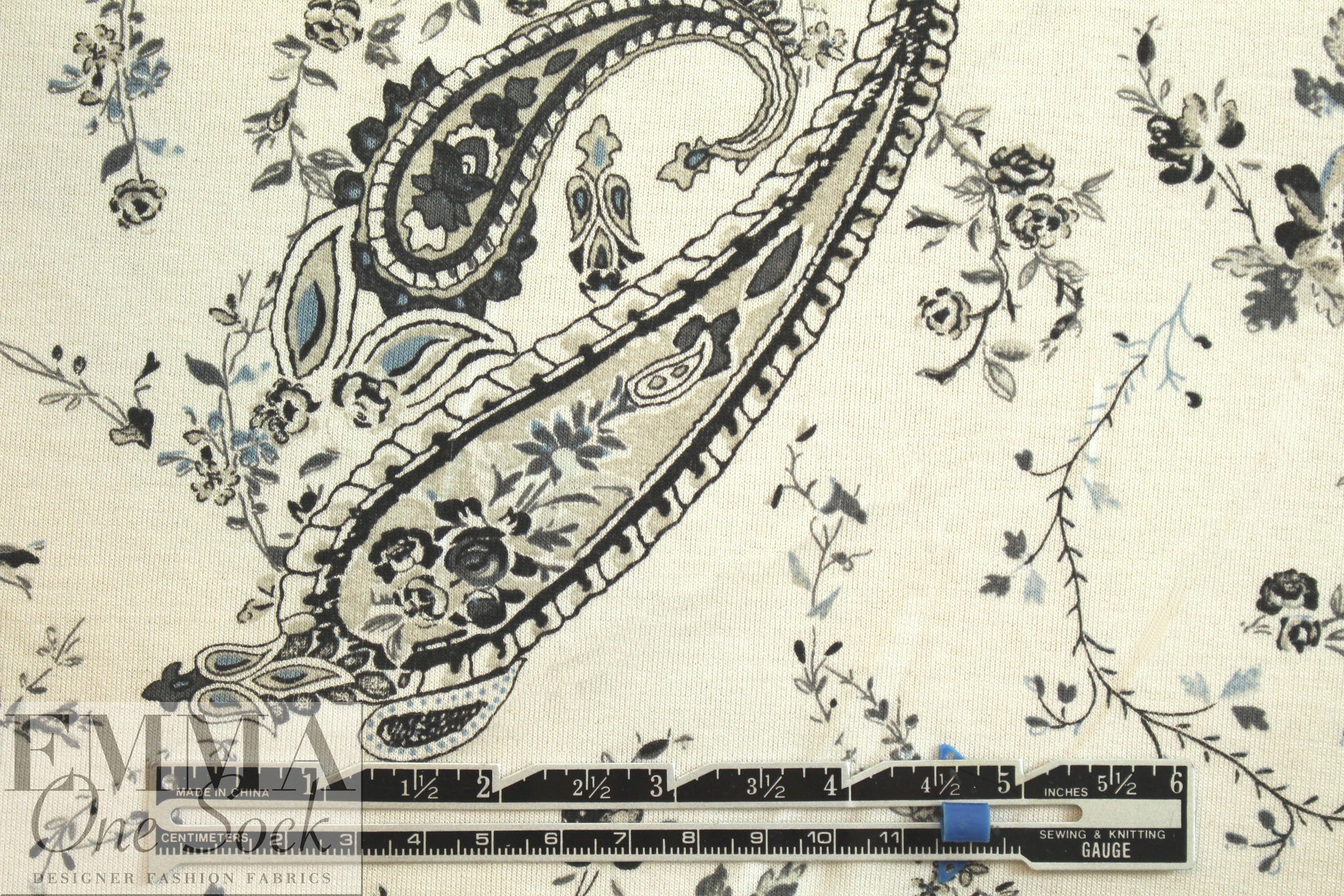 Italian gray/slate/khaki paisley viscose/spandex knit 1.25 yds