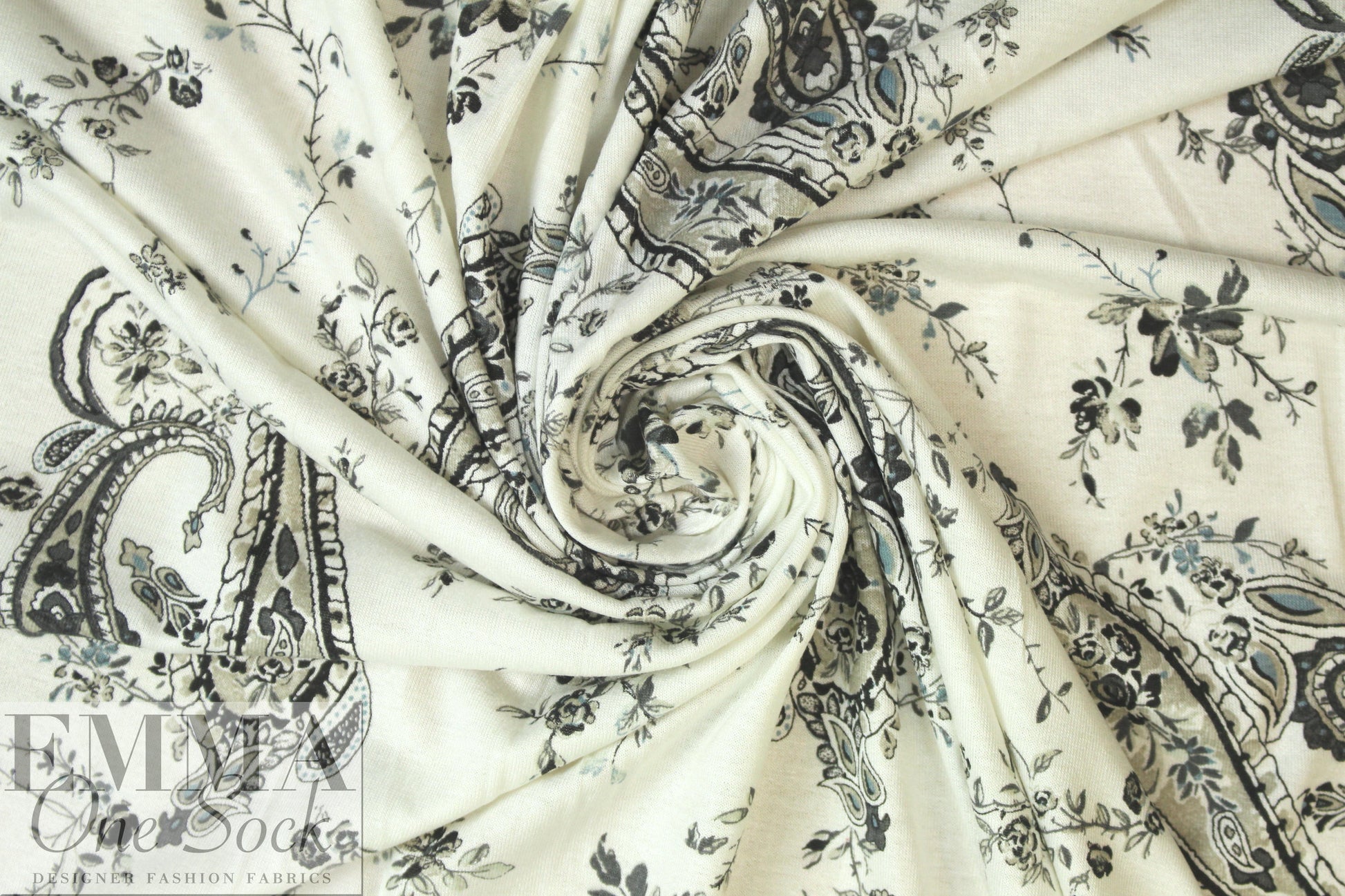 Italian gray/slate/khaki paisley viscose/spandex knit