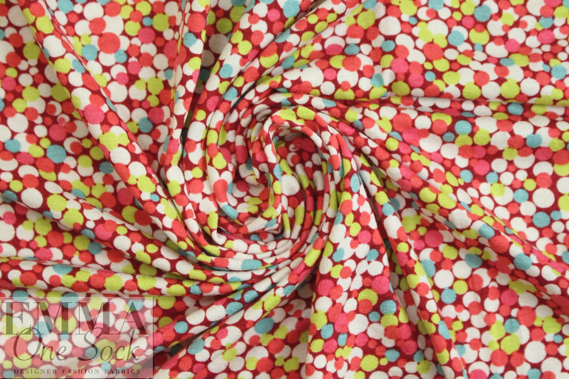 French coral/lime bubble graphic viscose/spandex knit