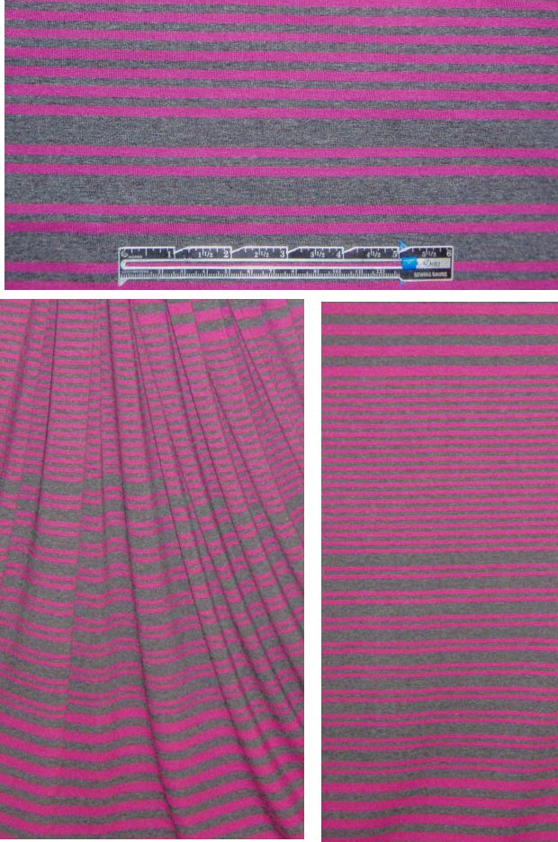 fuschia/charcoal variable stripes rayon/lycra knit