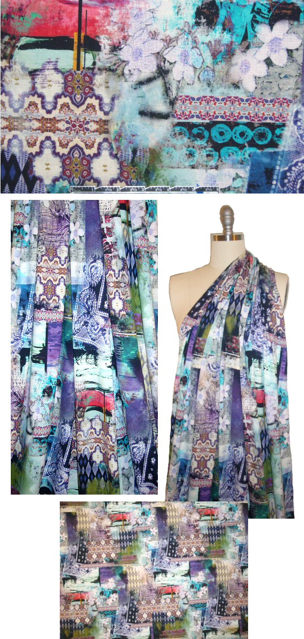 French digital rayon/lycra knit - scrap book montage
