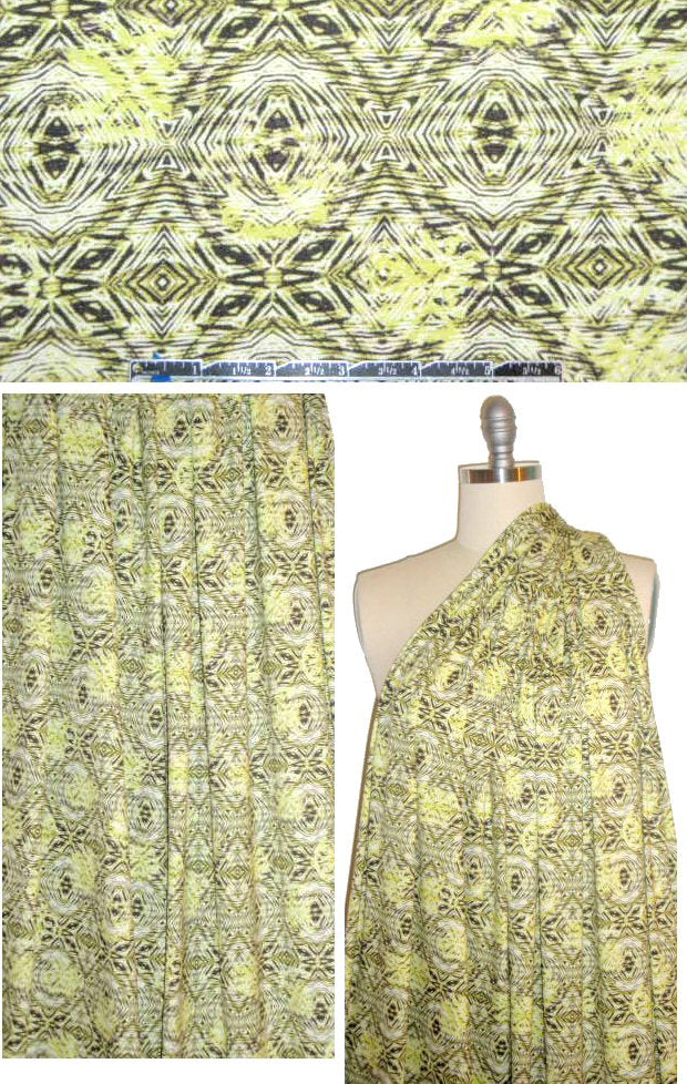 NY designer lemon-lime/dark loden woodcut knit