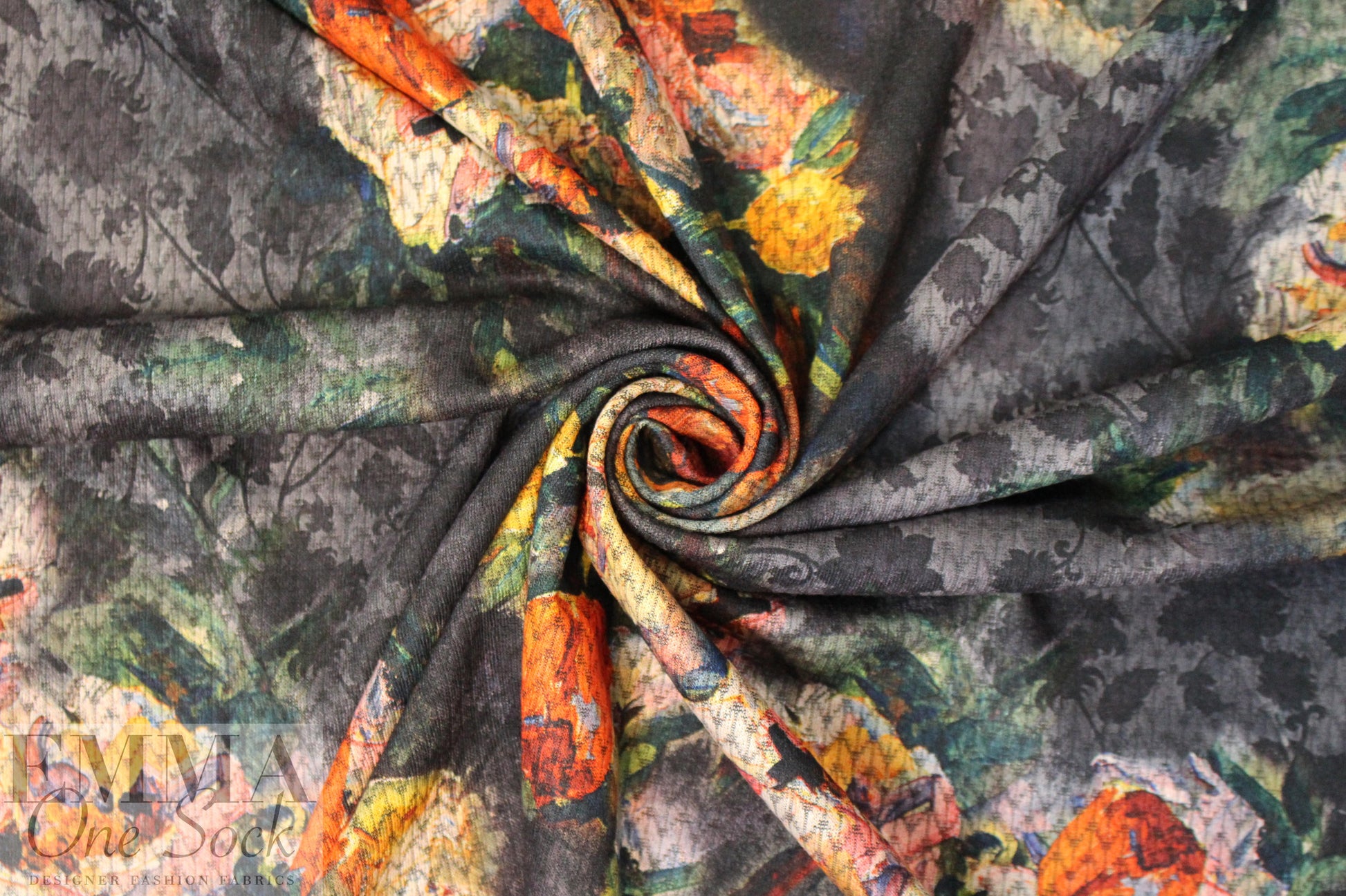 CA designer floral overprinted jacquard knit  .75 yds
