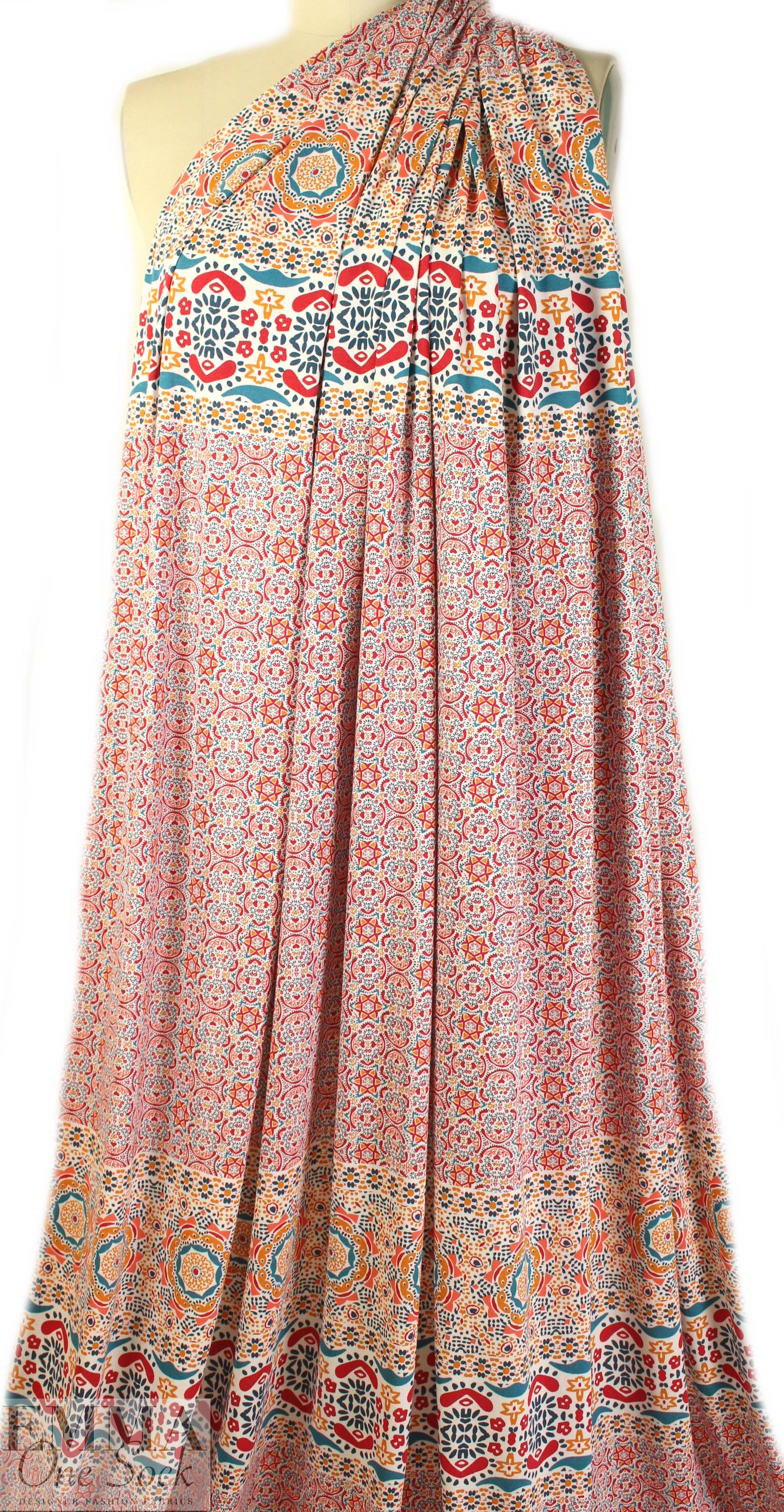 French folk art border print panel viscose/spandex knit