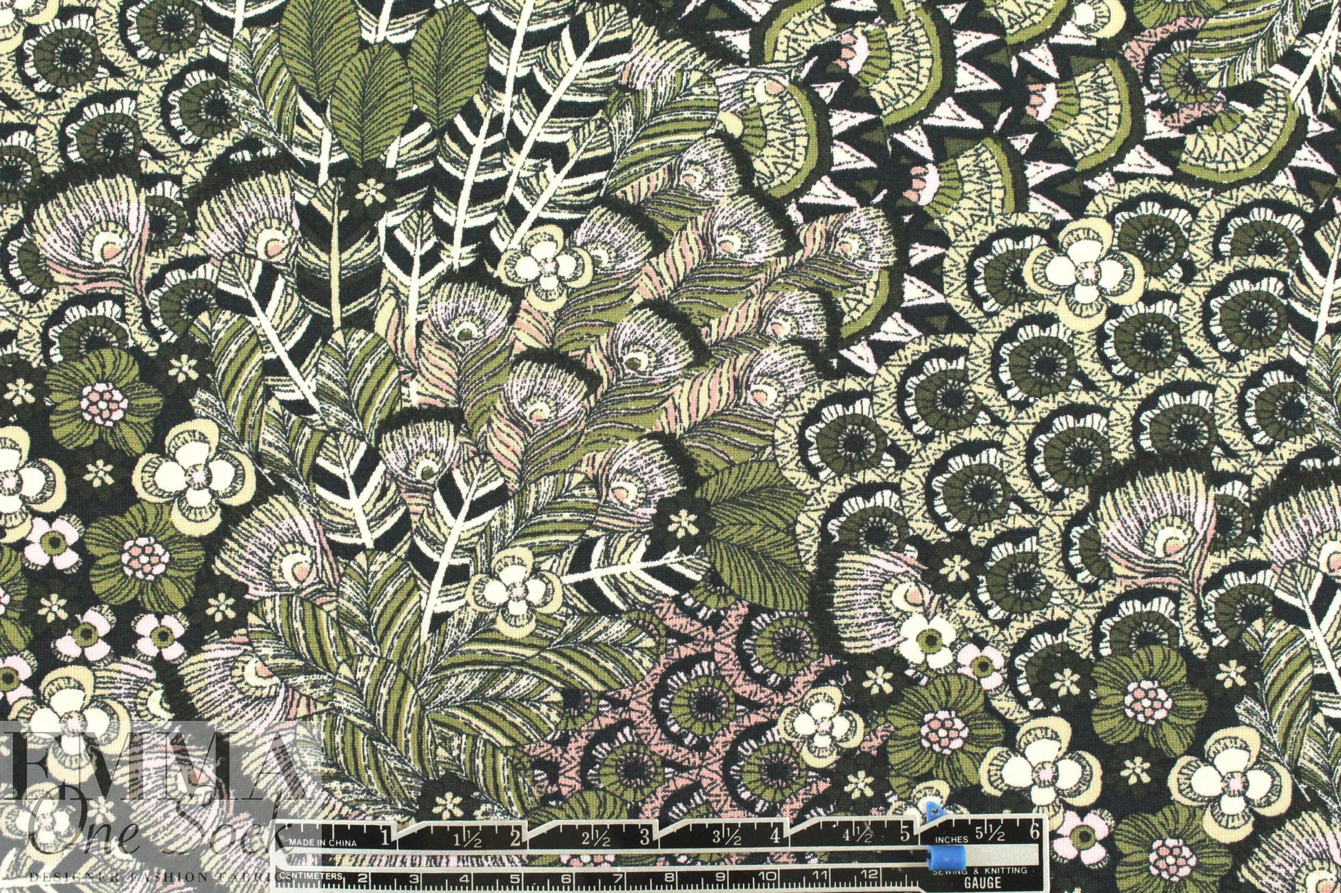 Italian digital viscose/elas knit - graphic feathers